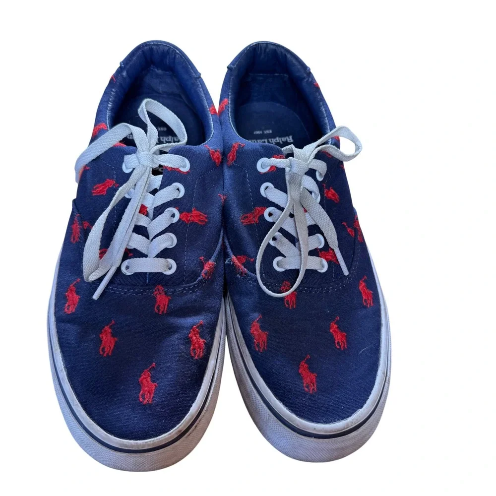 Polo Ralph Lauren Mens Navy Blue Red Pony All Over Print Canvas Sneakers Shoes